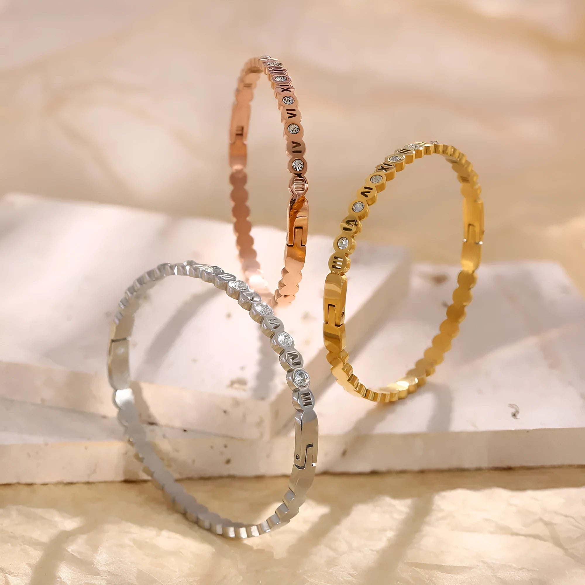 Titanium steel Korean style bracelet with number elements in gold, rose gold or steel colour electroplated finish