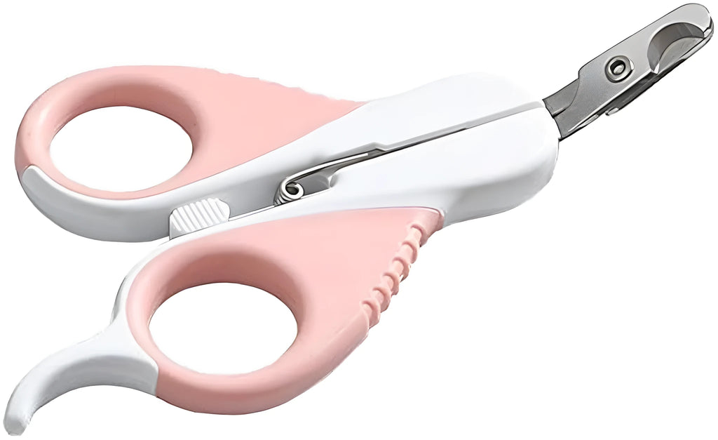 Grey and pink angled cat nail clippers with safety lock and rubber-coated handle