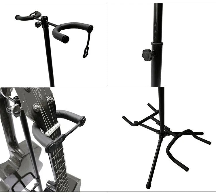 Black vertical double-headed adjustable guitar stand holding two guitars upright