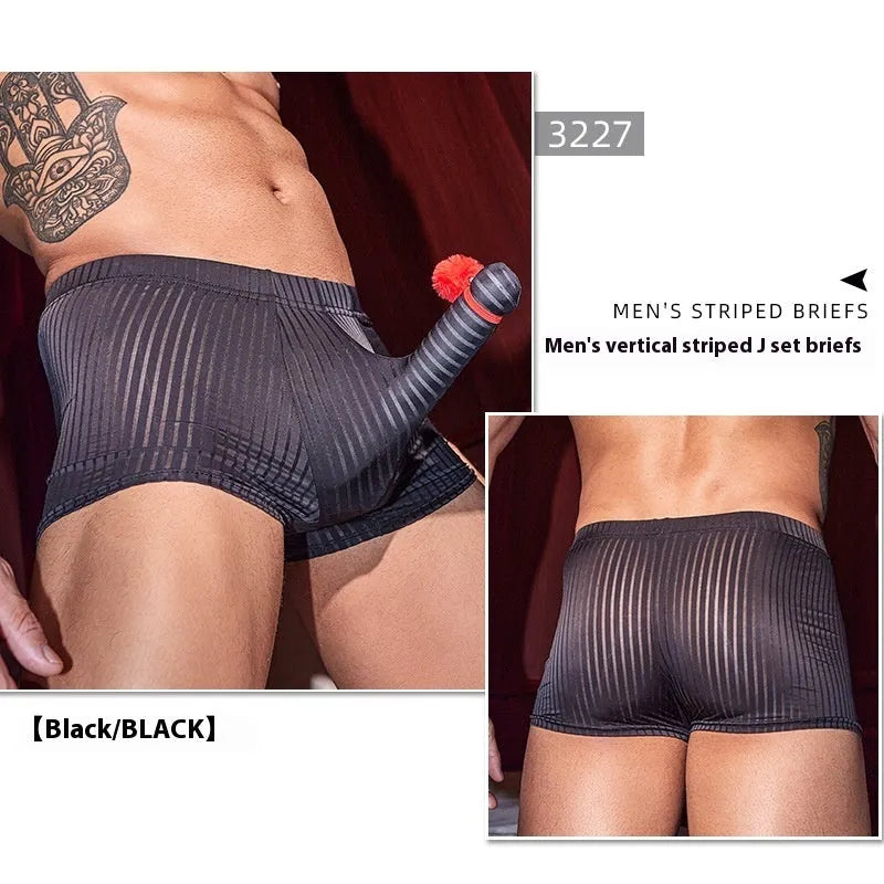 Men's vertical stripe nylon boxer briefs underwear in black, white, and dark grey colours