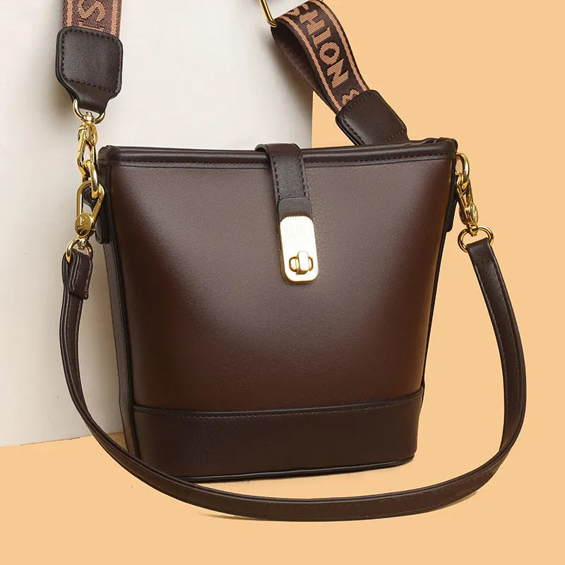 Korean style soft PU leather bucket bag in black with double shoulder straps and external sandwich pocket