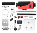 Red and black diesel air heater kit with fuel tank, pump, and pipes for truck or van installation.