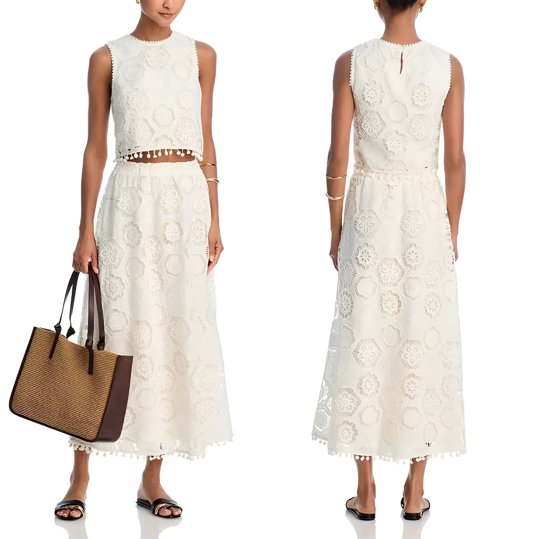 White women's sleeveless top and long embroidered skirt two-piece suit