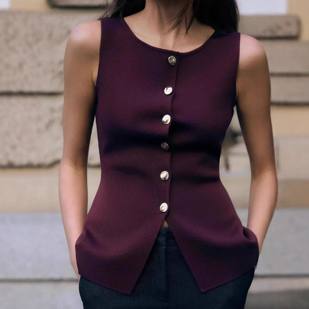 Dark red viscose sweater vest with gold buttons and textured 3D pattern, slim fit sleeveless cardigan style