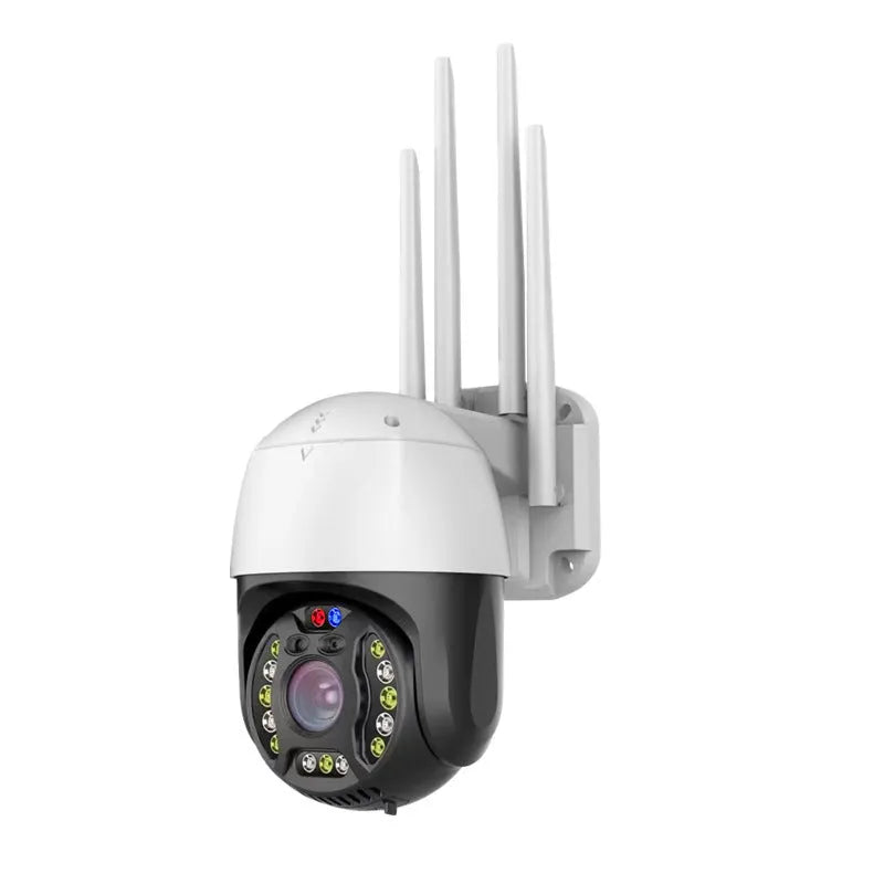 Outdoor dome security camera with 360-degree rotation on a wall, showing its compact ABS housing and lens.
