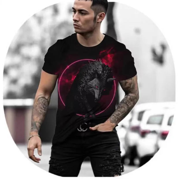 Men's grey T-shirt with a retro-style 3D digital print of an animal graphic on the front.
