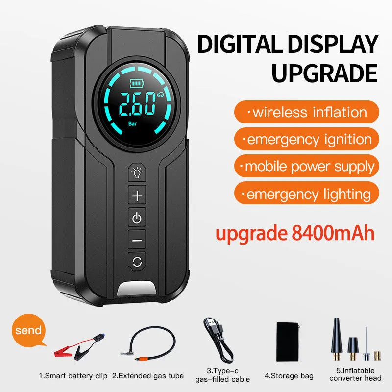 Portable wireless car air pump with 6000mAh battery, nozzles, and carry bag for tyre inflation