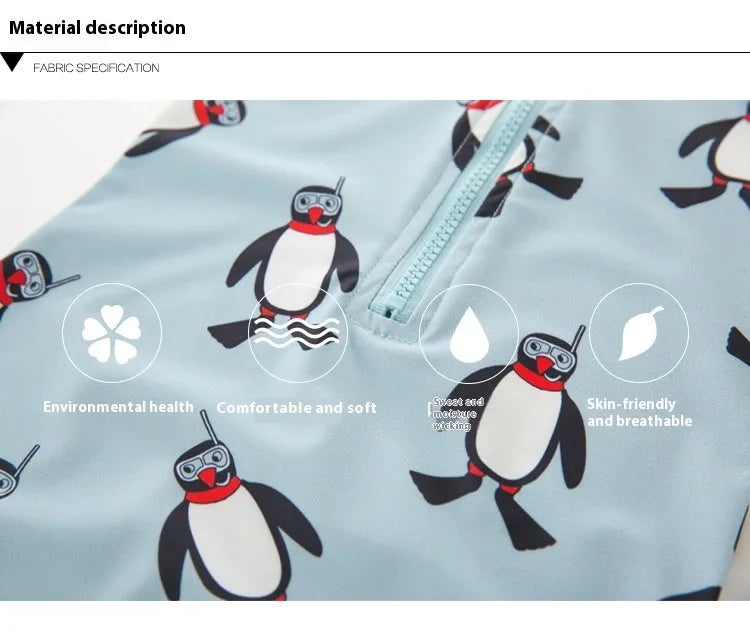 Boy's penguin print long sleeve swimsuit with matching swimming cap set on white background