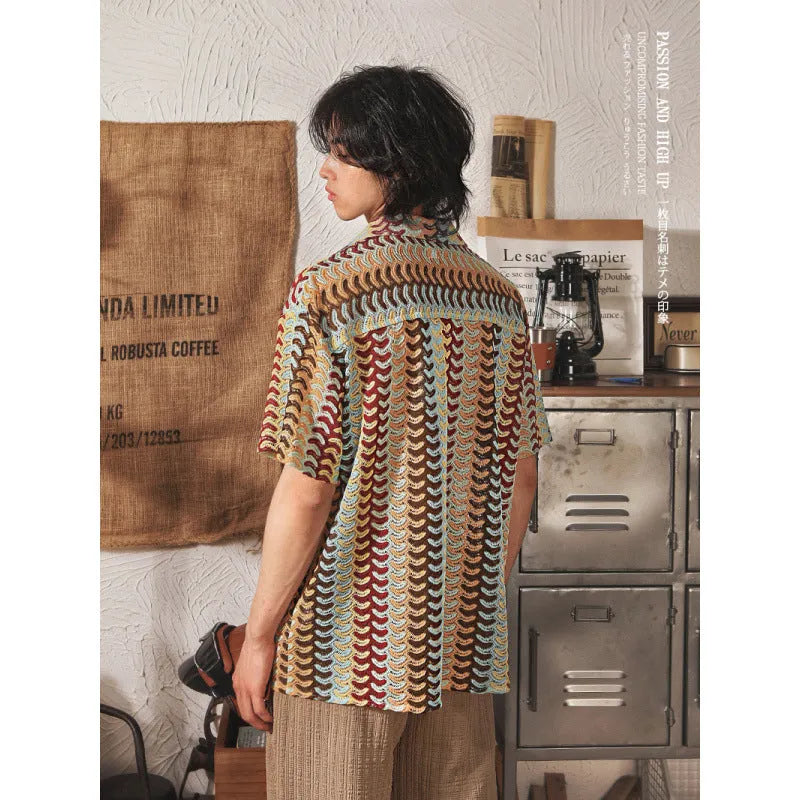 Grey or red Japanese-style Cuban collar short sleeve shirt with jacquard pattern, shown in slim fit.