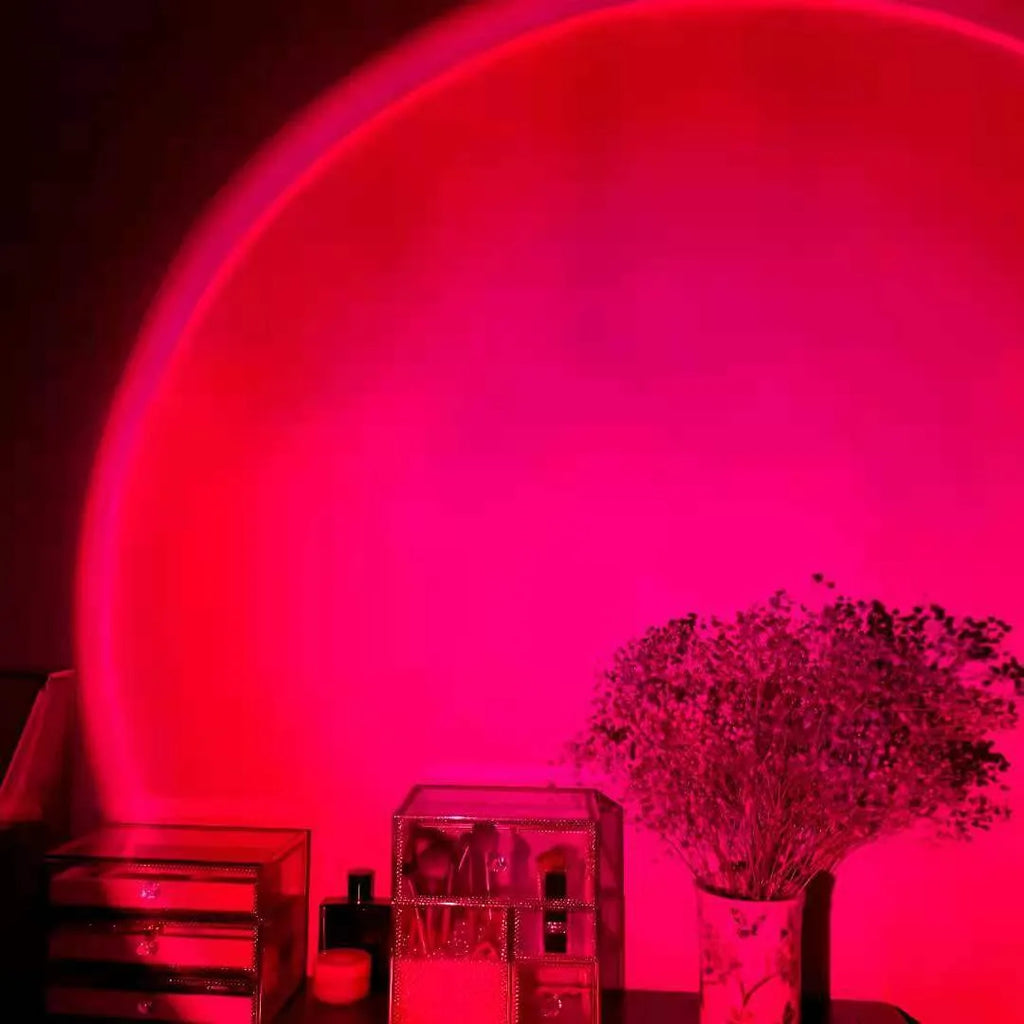 USB rechargeable sunset red rainbow projection atmosphere lamp with push button.