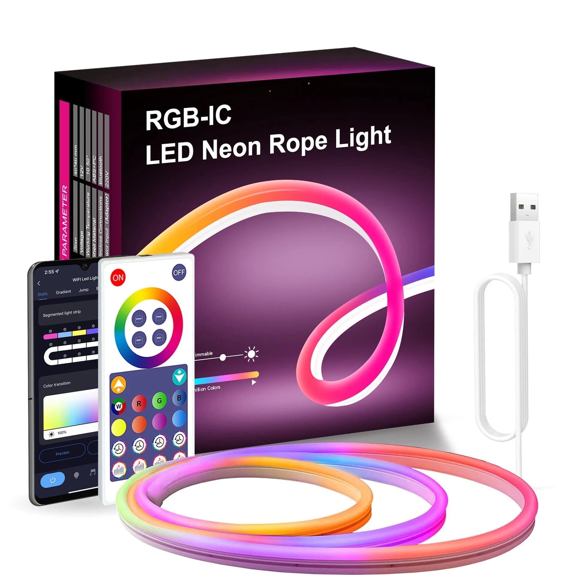 3-metre USB-powered RGB neon light strip with remote control showing music sync capability