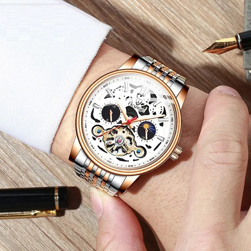 Men's tourbillon mechanical watch with luminous hands and water resistance in rose black colour