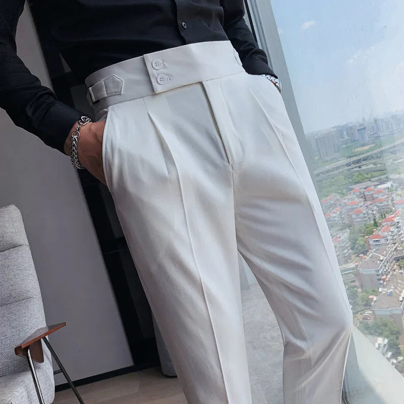 Straight-leg casual trousers in a neutral colour on a hanger, showing the simple fit and polyester fabric.
