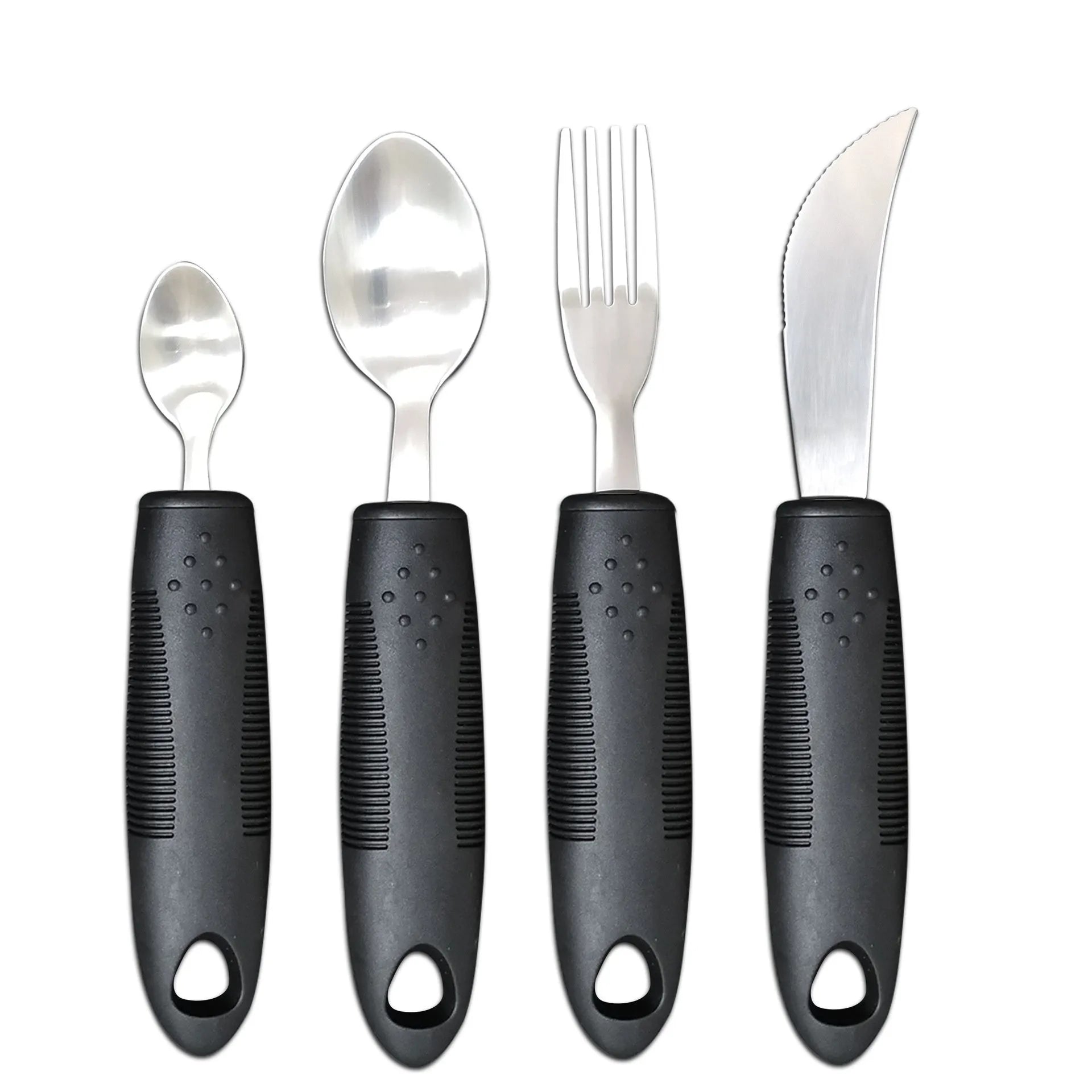 Anti-shake adaptive tableware set with stainless steel utensils and rubber handle grips