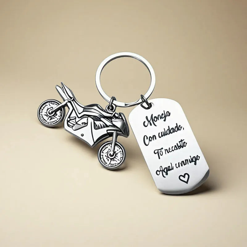 Stainless steel motorcycle keychain with engraving in a flannel bag