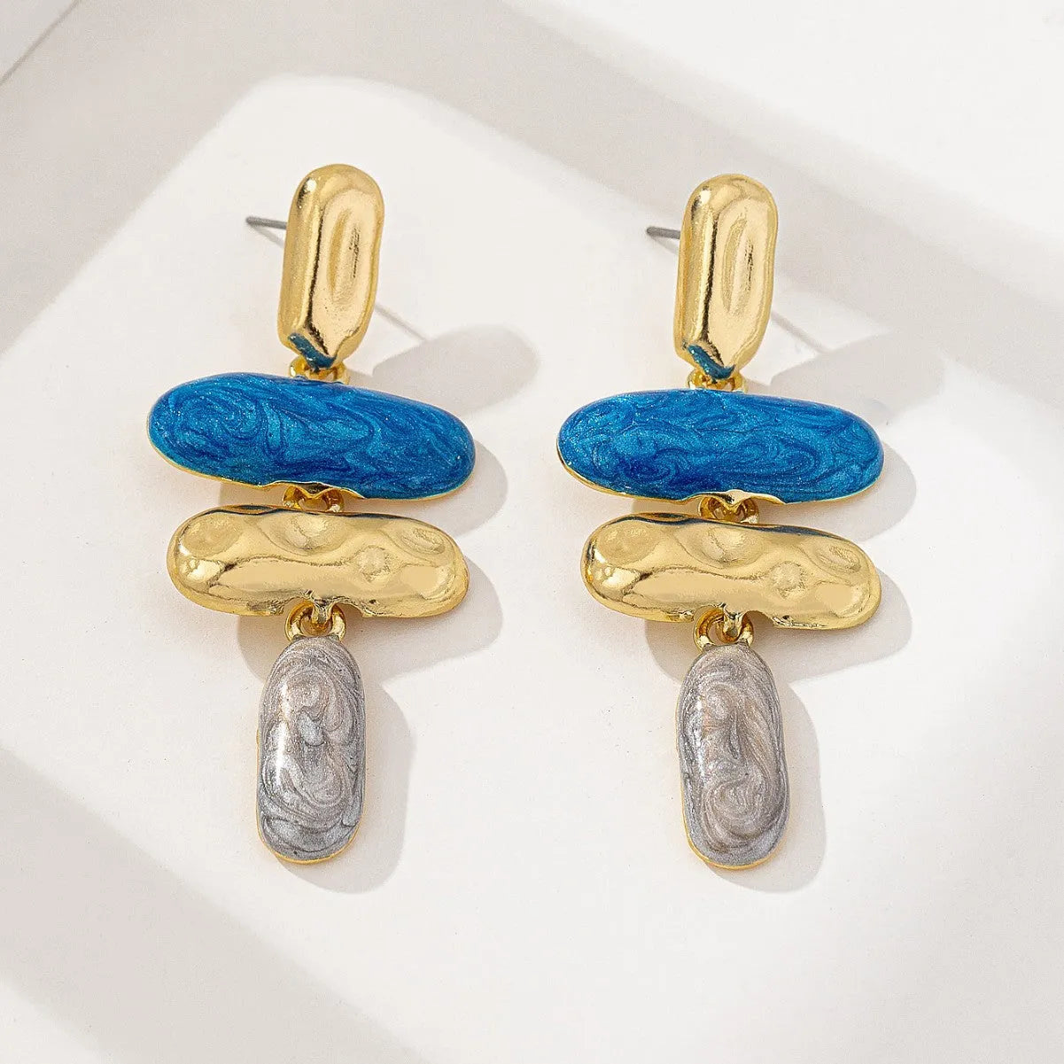 Geometric multicolour stud earrings with zinc alloy construction and electroplated finish