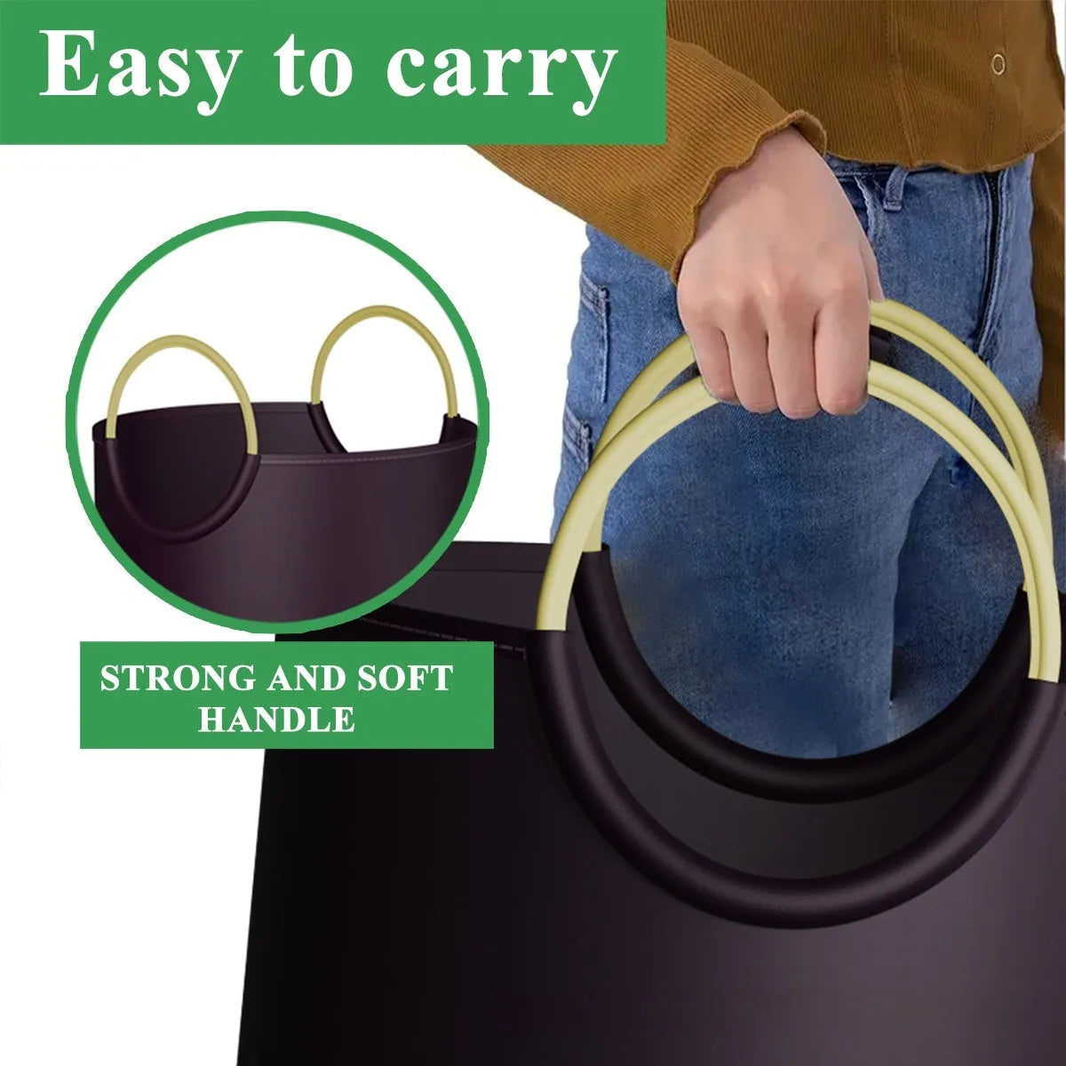 Round plastic portable waste bin measuring 38cm wide by 72cm tall, shown with a liner bag.