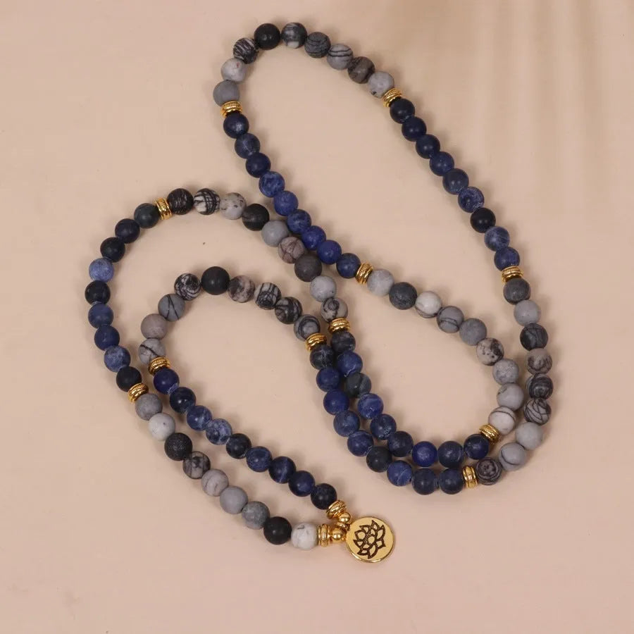 Blue patterned network stone beads on multi layer alloy bracelet