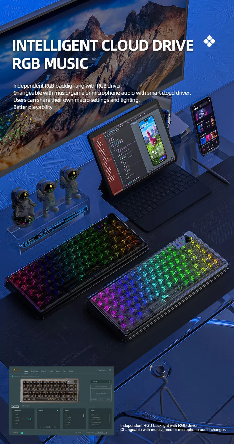 Attack Shark K75 wireless mechanical keyboard with transparent PC case in black or white, 75% compact layout with RGB lighting