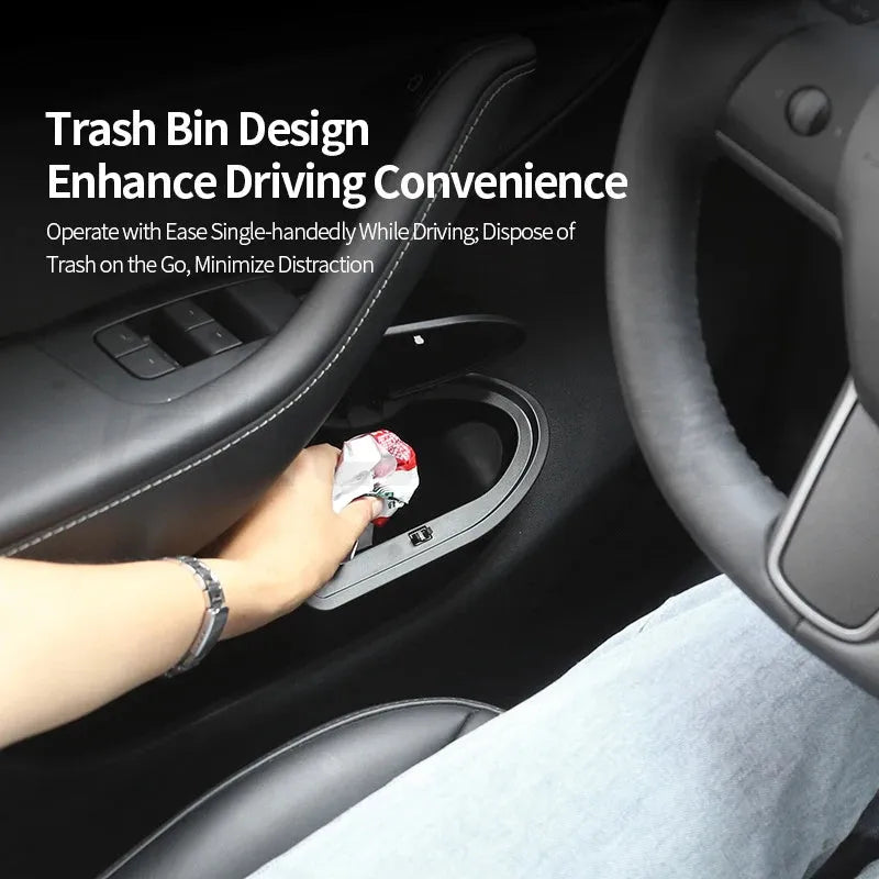 Black ABS plastic car door trash can designed for Tesla Model Y front door storage