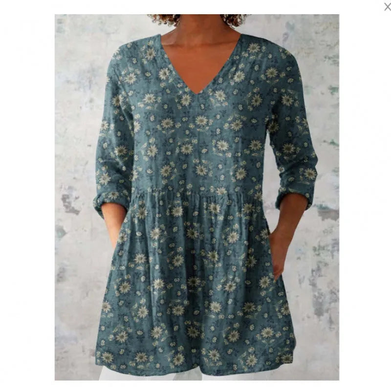 Women's printed polyester dress with 3/4 sleeves and wide waist in multiple pattern styles