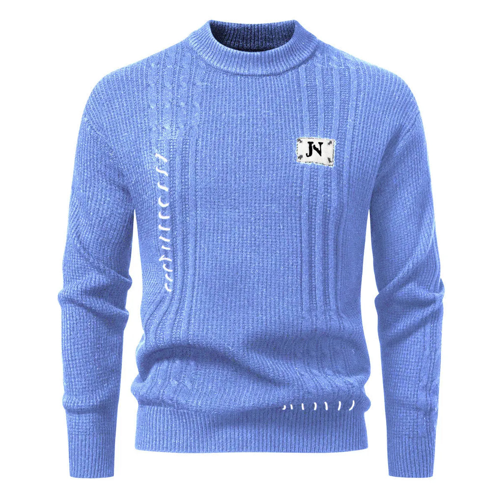 Simple men's solid color pullover sweater in beige with ribbed hem, loose fit, Modal and rabbit hair blend