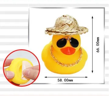 Yellow cartoon duck car ornament with straw hat and metal sunglasses for dashboard decoration