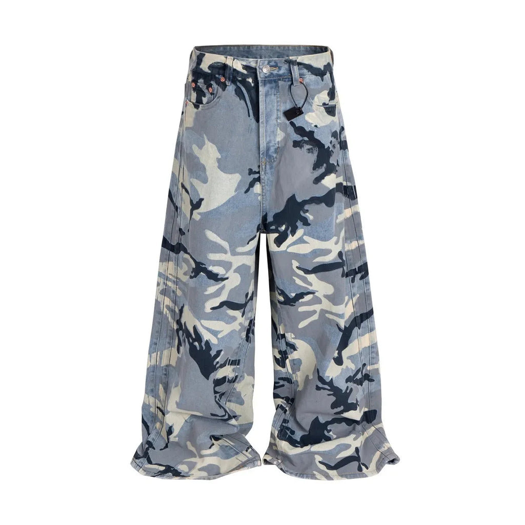 Snow camouflage blue loose fit jeans with mid waist on a plain background