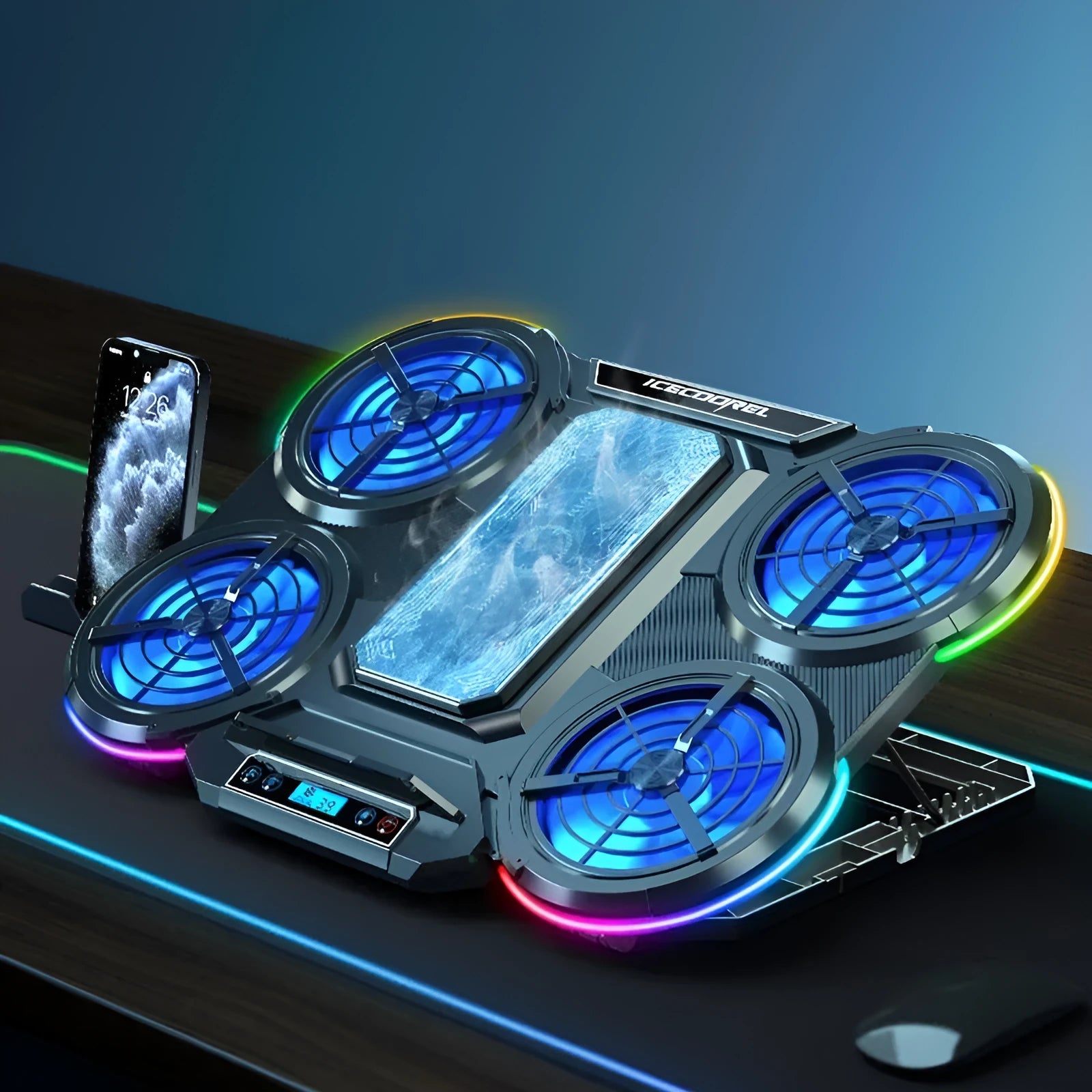 Notebook Play Speed 4-core laptop cooler in black with RGB lighting and blue light white leaf fan on a desk