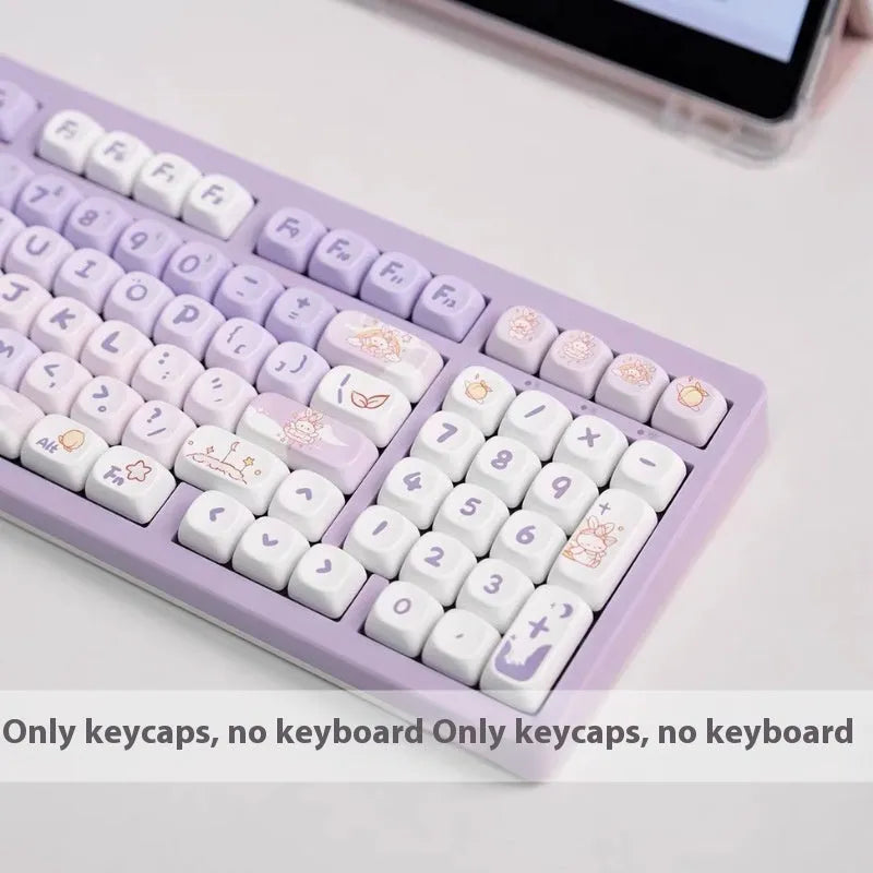 Gradient purple rabbit design PBT keycap set for mechanical keyboards on a white background.