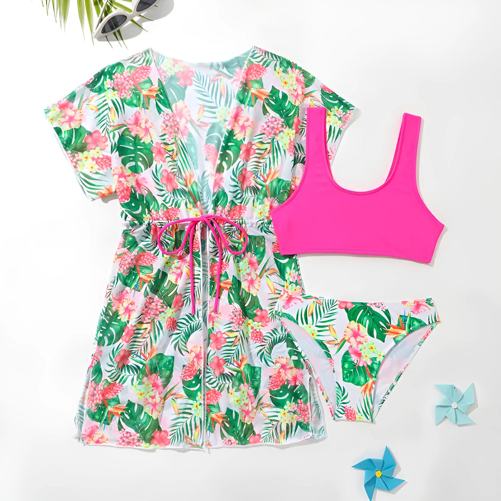 Girls' two-piece floral swimsuit in high elasticity polyester fabric showing front view