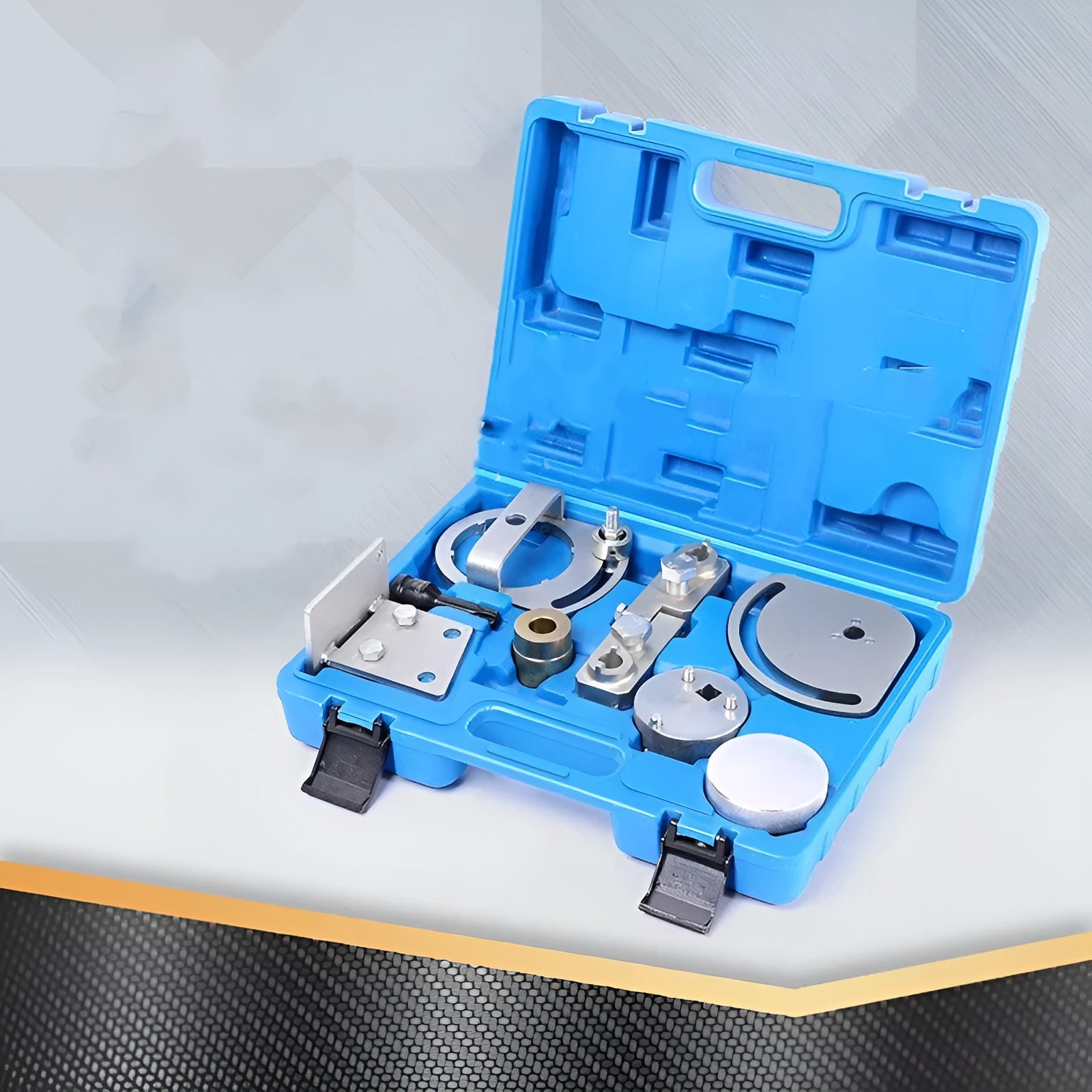 Volvo engine timing special tool set with 8 carbon steel tools in a storage case.