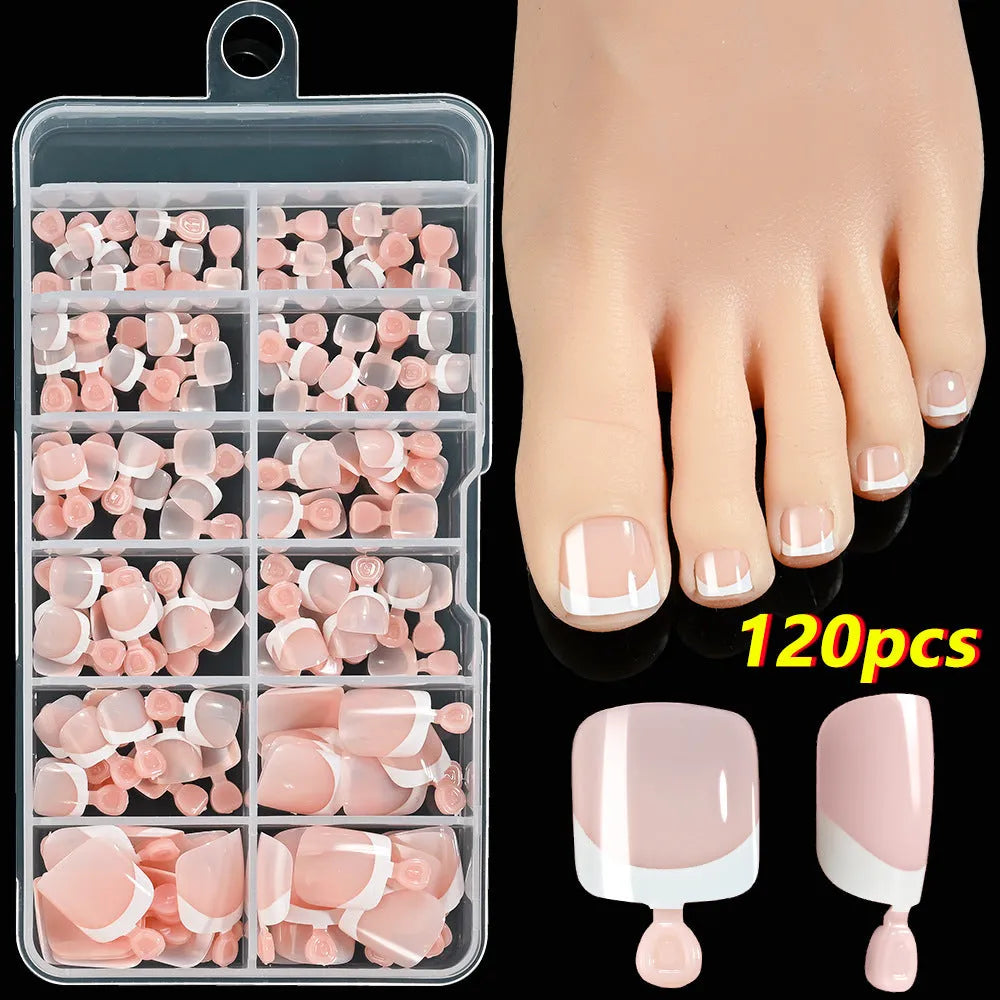 120 piece box of French white edge nude artificial toenails in nine shades, square short shape for toes.