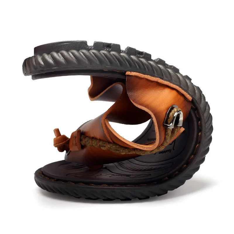 Men's plus size outdoor slippers with herringbone pattern in dark blue and khaki colours