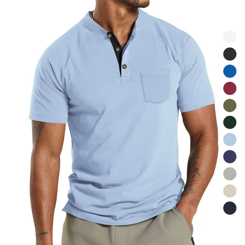 Plus size man wearing a short sleeve solid colour shirt with a button pocket on the sleeve.