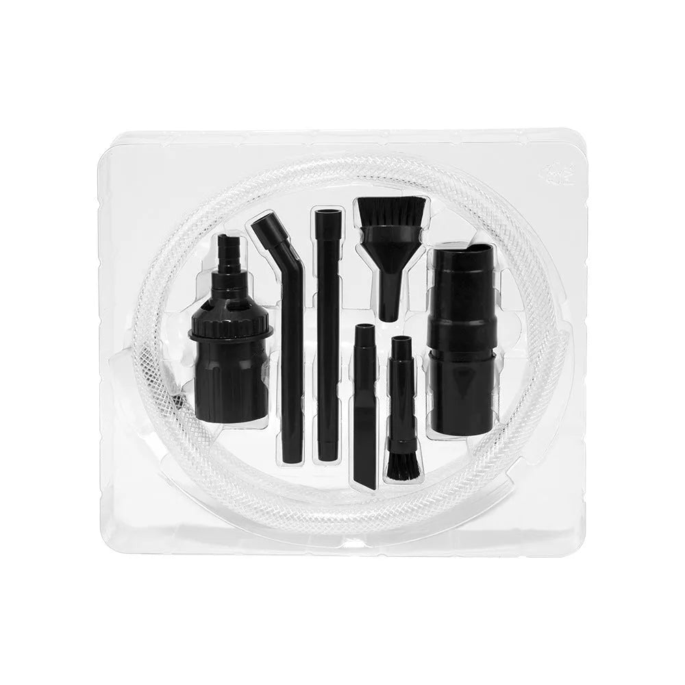 Eight-piece vacuum cleaner accessory set with small suction head for spaces under 10 square metres