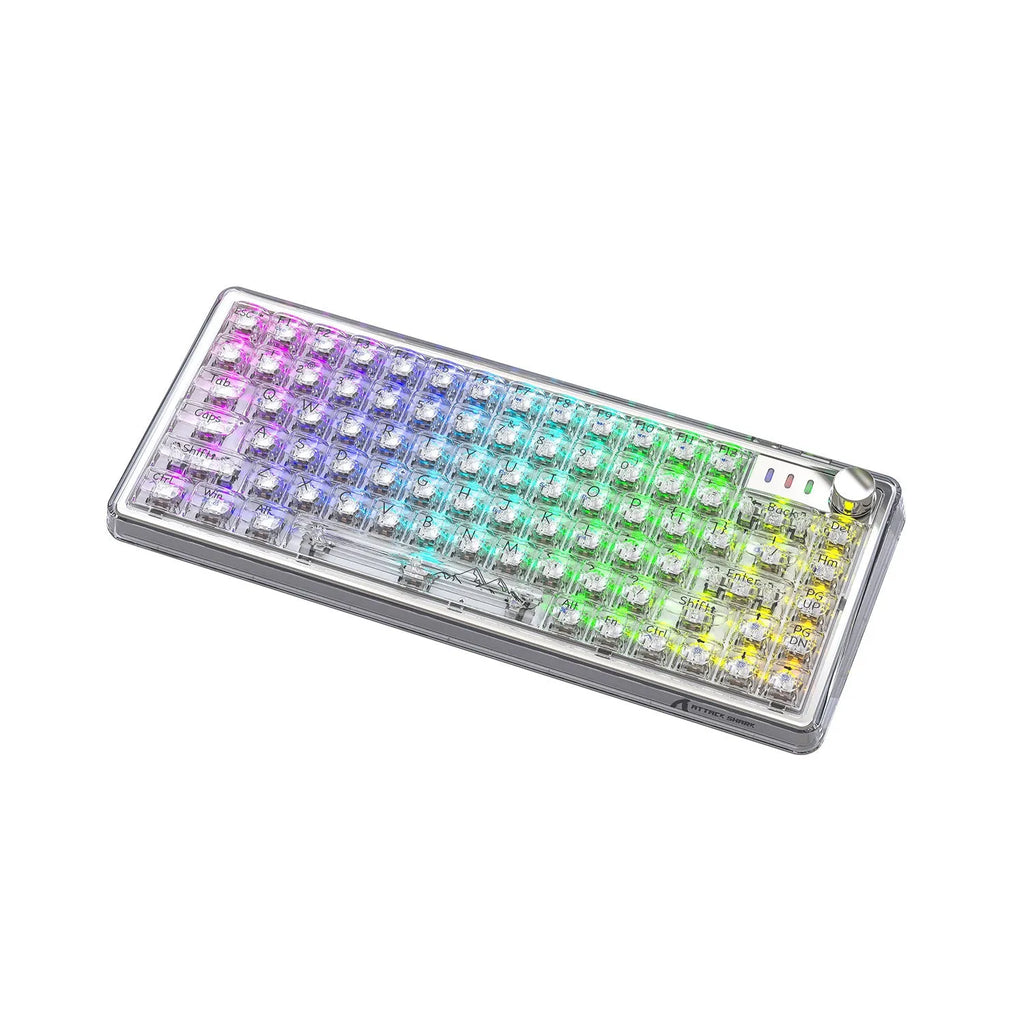 Attack Shark K75 wireless mechanical keyboard with transparent PC case in black or white, 75% compact layout with RGB lighting