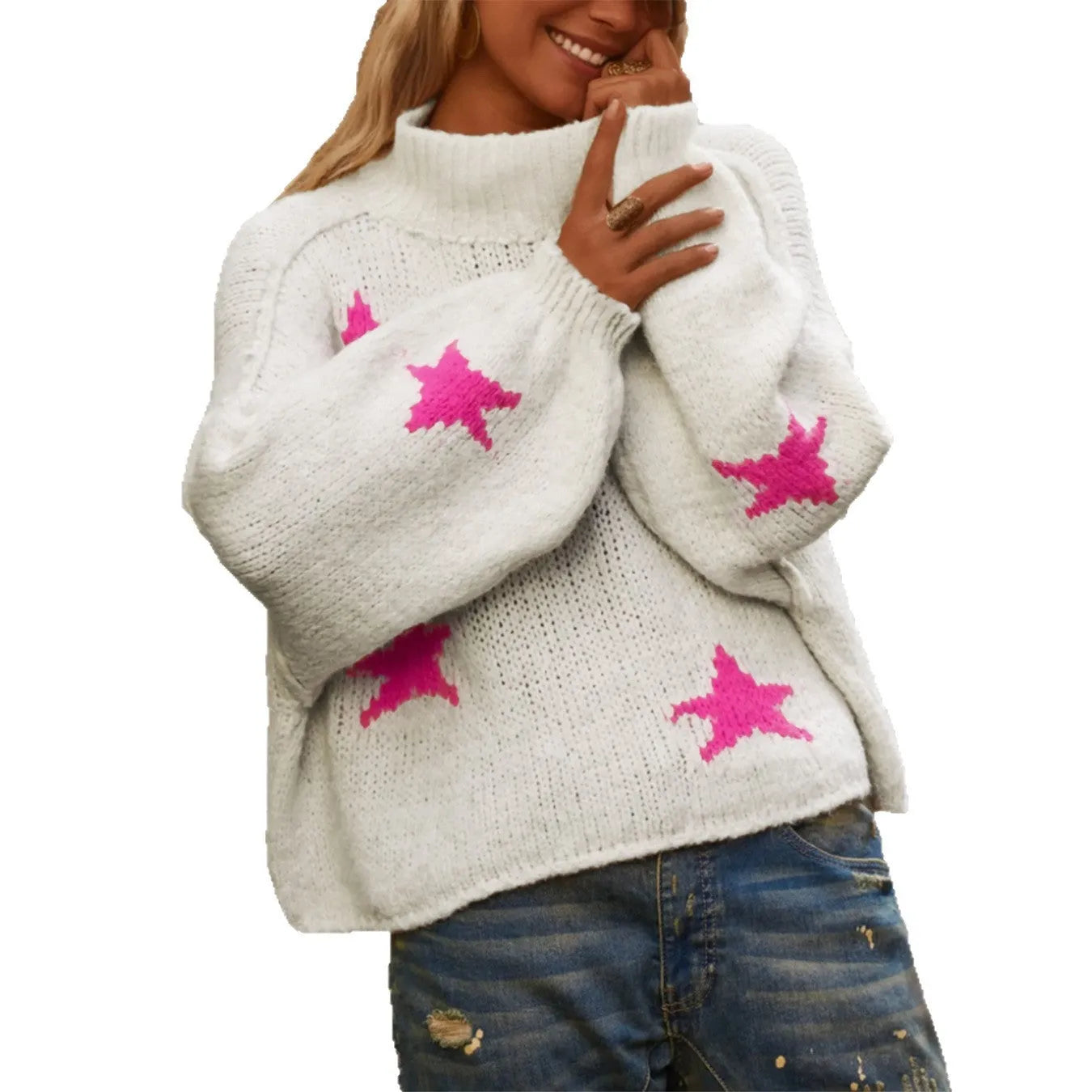 White women's loose fit turtleneck sweater with a black five-pointed star pattern on the front.