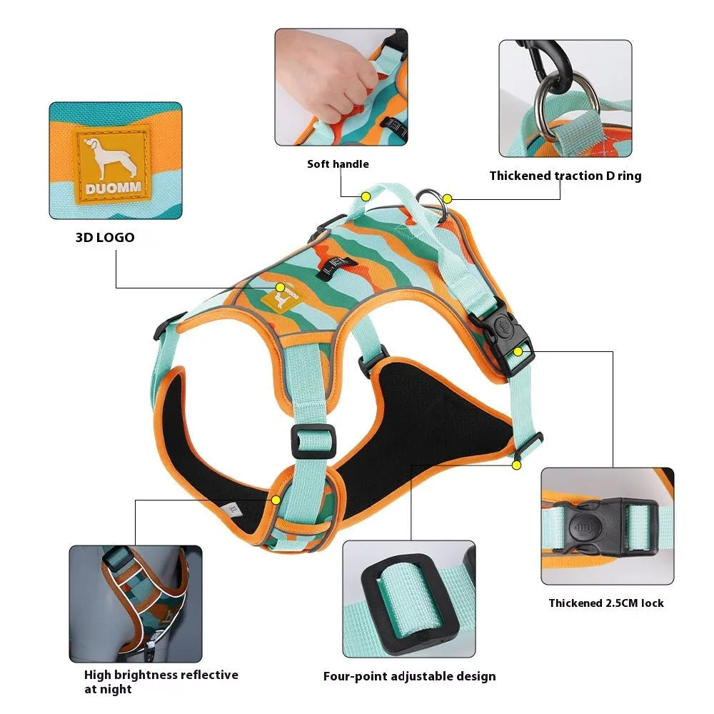 Reflective dog harness with hand-holding rope in orange Oxford cloth