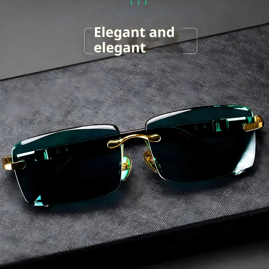 Pair of dark green frameless crystal sunshade glasses with case and cleaning cloth