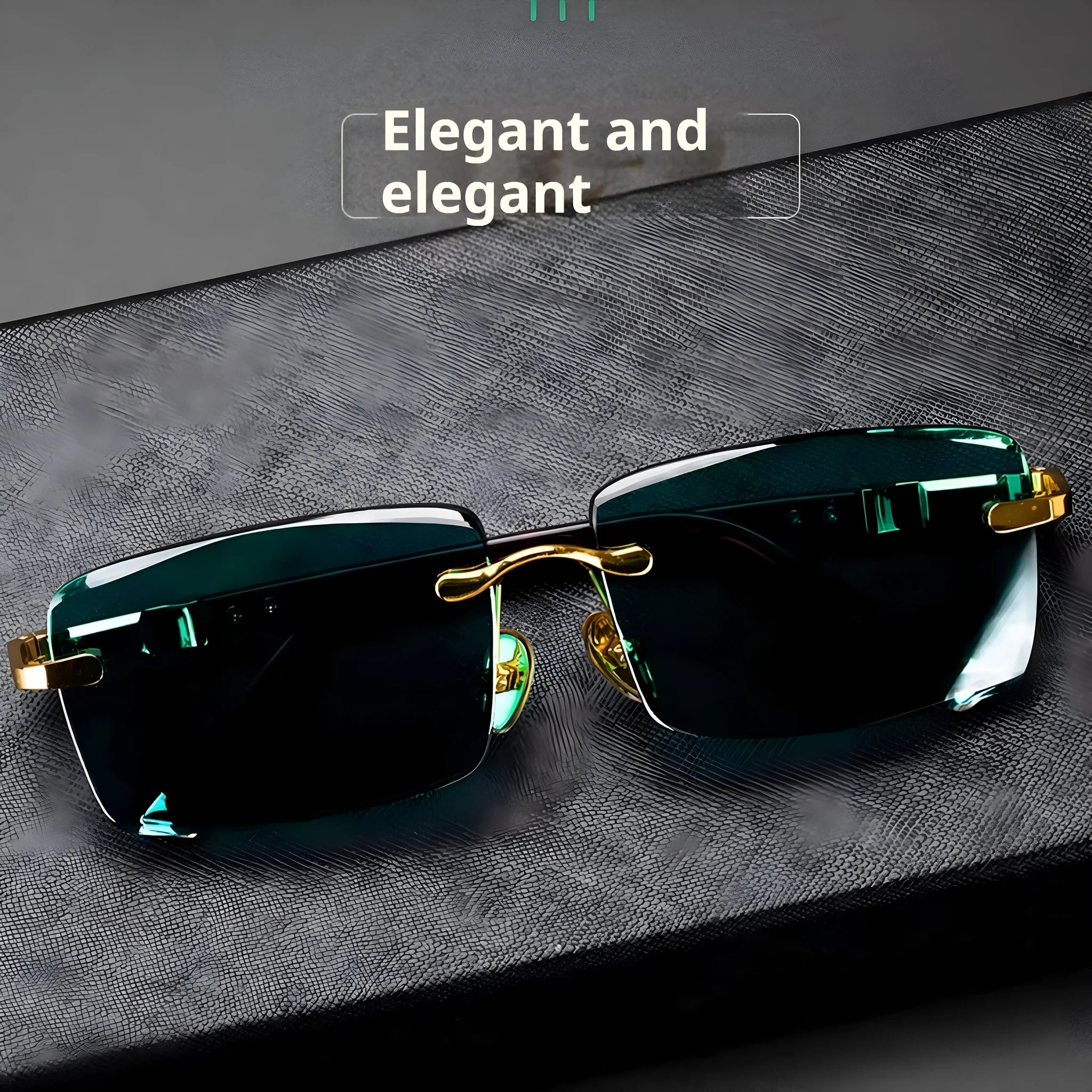 Pair of dark green frameless crystal sunshade glasses with case and cleaning cloth