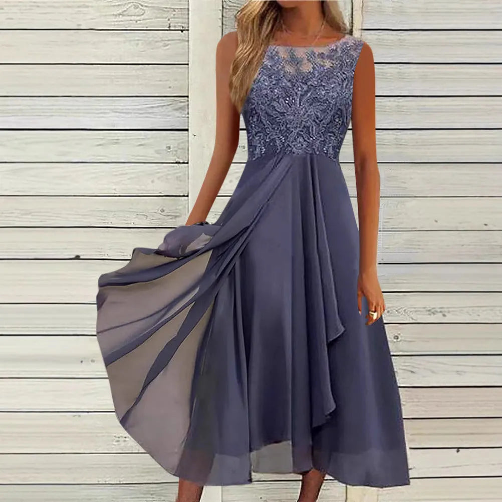 Women's sleeveless chiffon dress with lace stitching in blue, green, or purple.