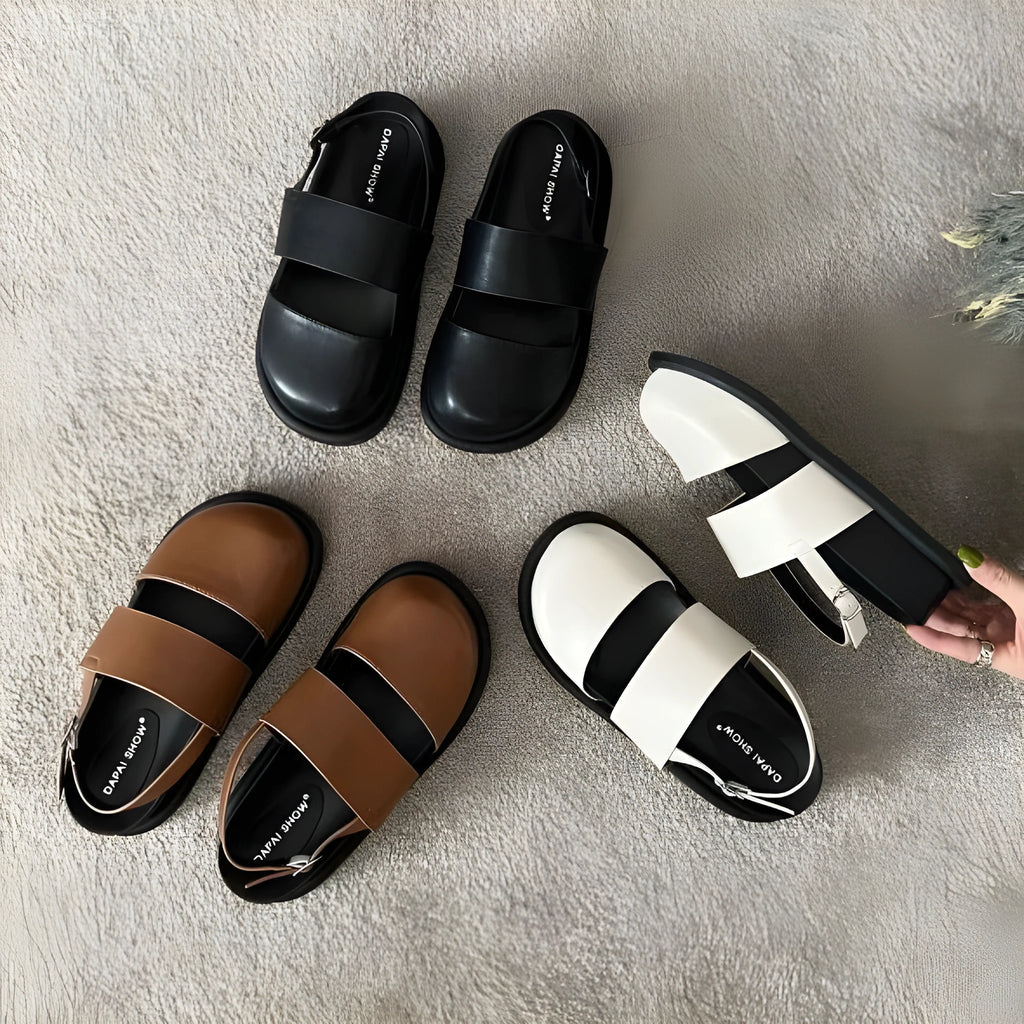 Retro raised sole sandals with ankle buckle in microfibre, shown in apricot colour
