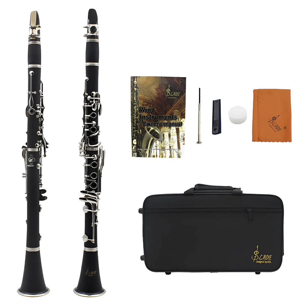 Black Bakelite beginner clarinet with 17 nickel-plated keys and a carry bag.