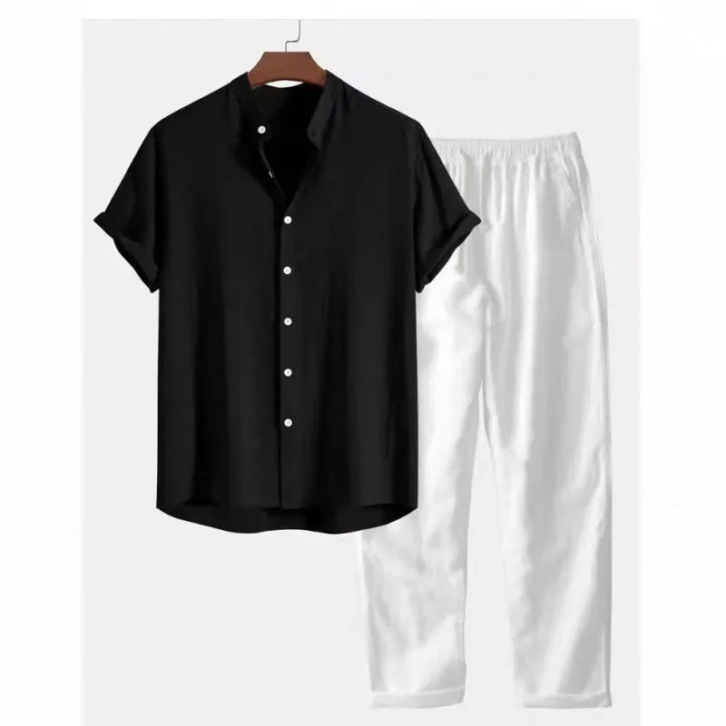 Men's casual linen-look shirt and trousers set in loose fit design with short sleeves