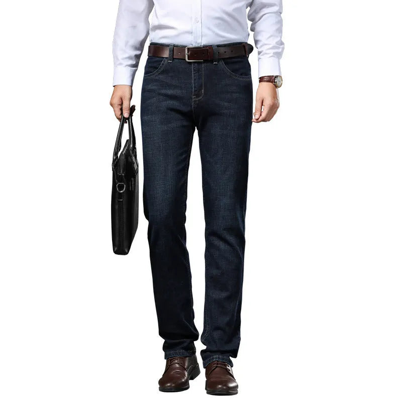 Stretch jeans loose fit straight-leg trousers in black and blue colours on size chart