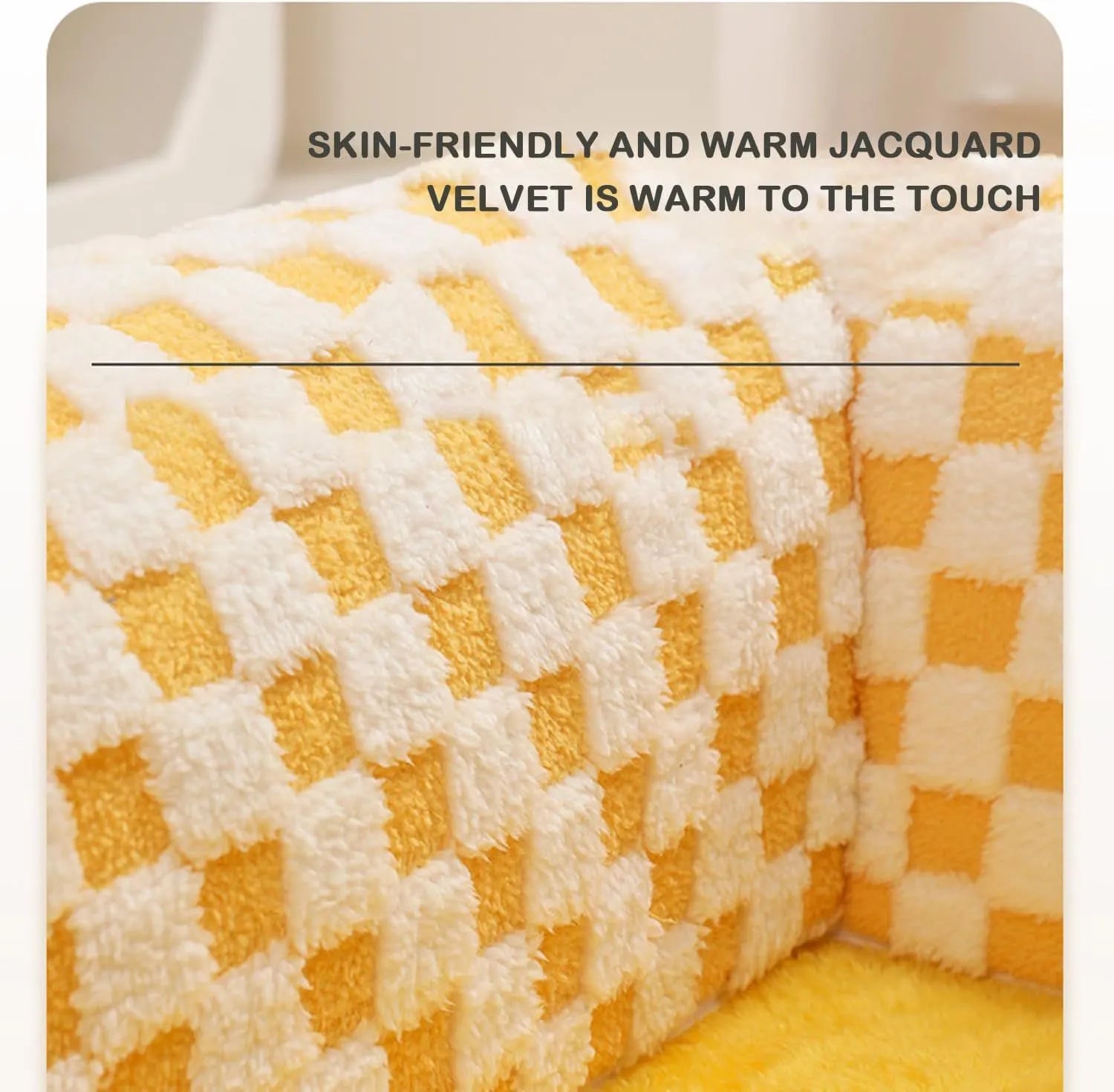 Fan-shaped plush pet bed with central play tunnel in plaid design, shown in coffee colour.