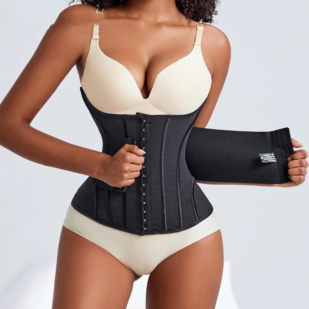 Nylon belly band waist trainer in apricot and black colours with belt tie