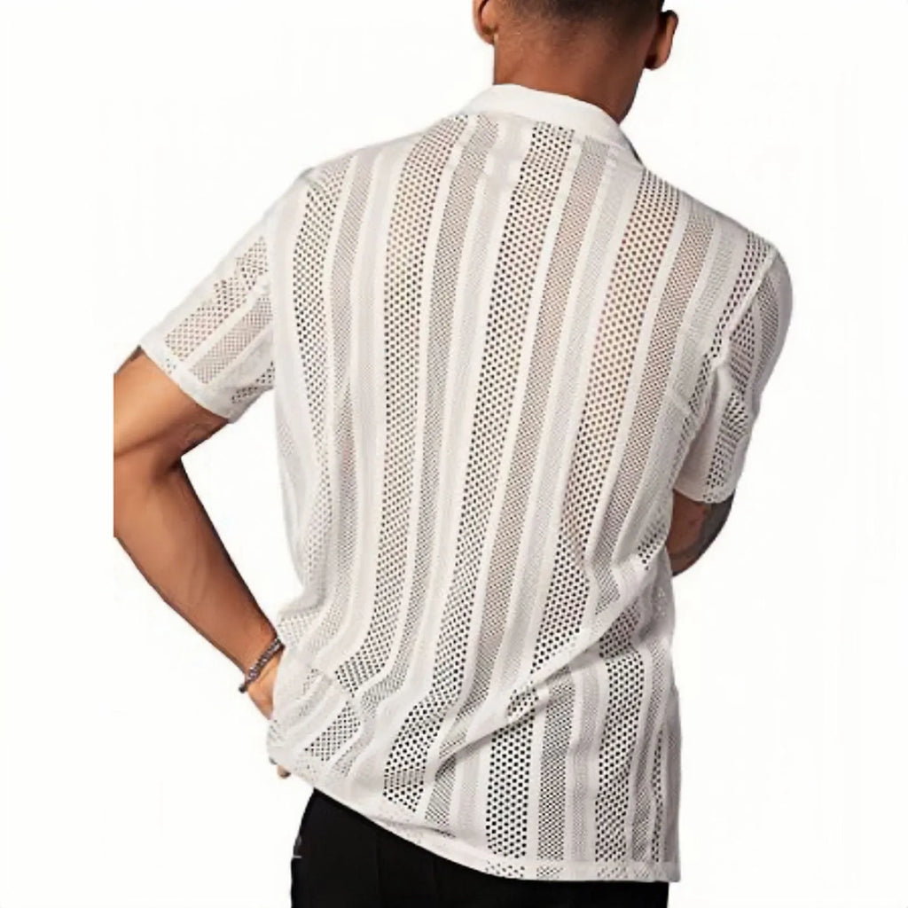 Men's black knitted short-sleeved cardigan shirt with jacquard pattern and button front.