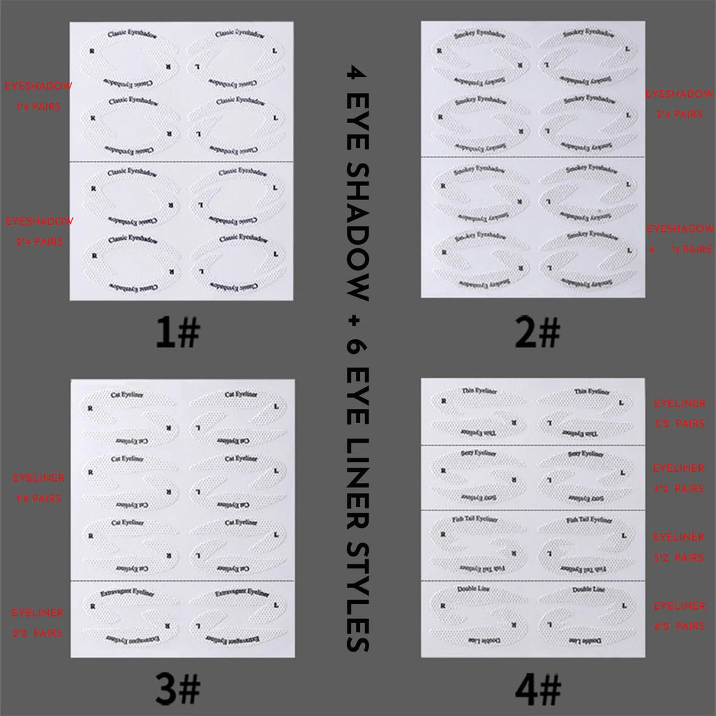 Set of four reusable flexible eyeliner sticker templates for creating winged and cat-eye makeup looks.